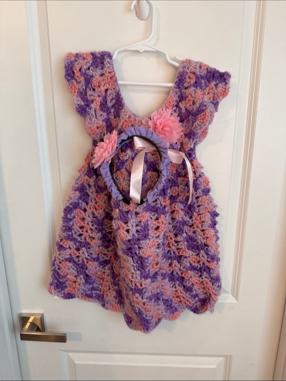 Lavender and Pink Crochet Kids Casual Dress with Matching Headband